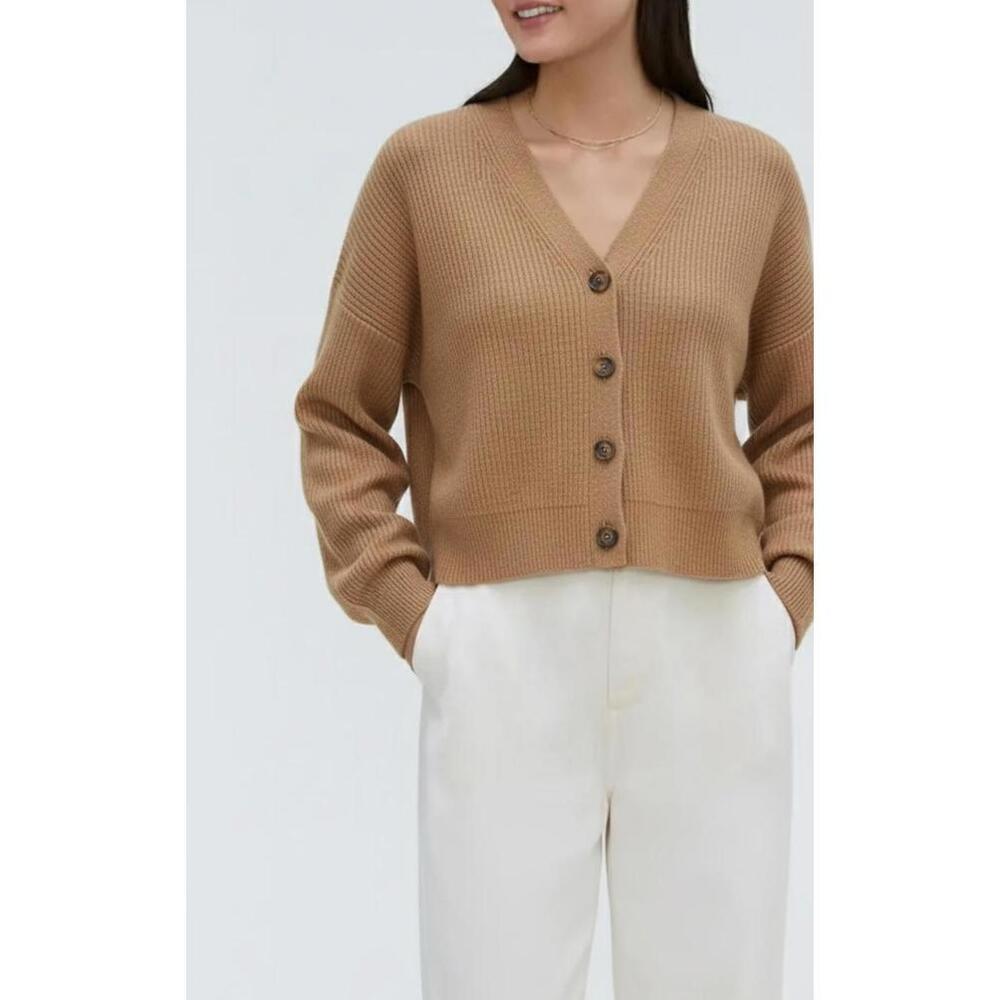 Quince Cropped Rib-Knit Cardigan in Camel